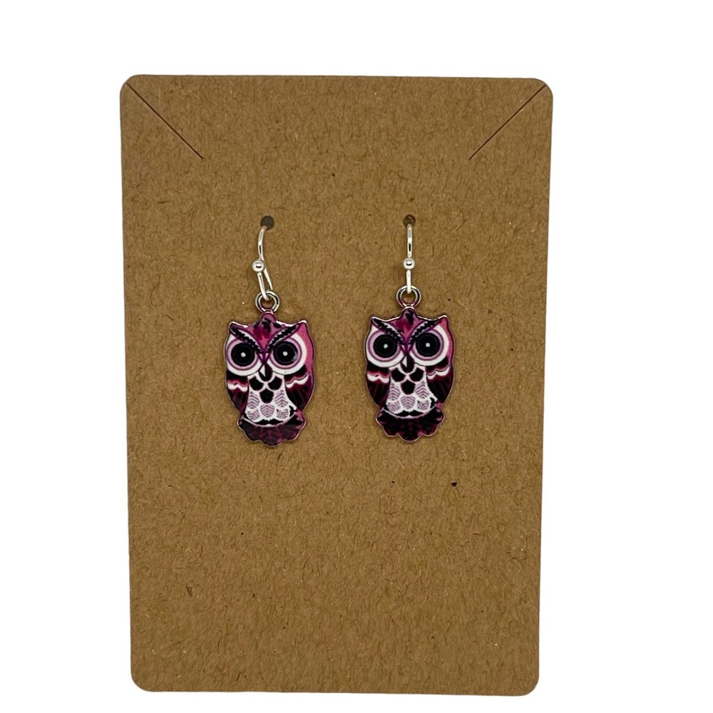 Owl Earrings Purple Dangle Resin - Hypoallergenic